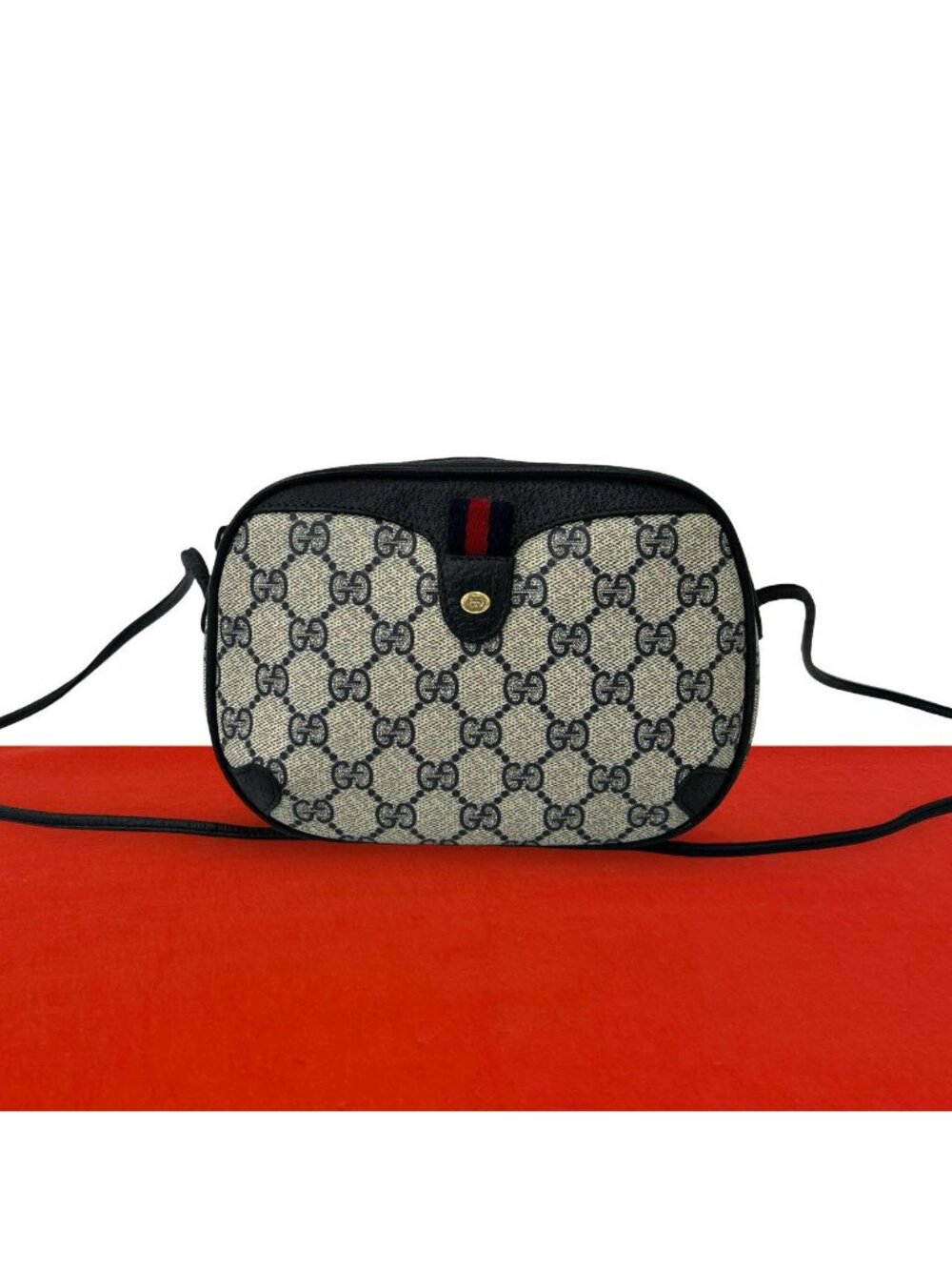 Gucci Vintage Sherry Line GG Logo Leather Shoulder Bag Navy